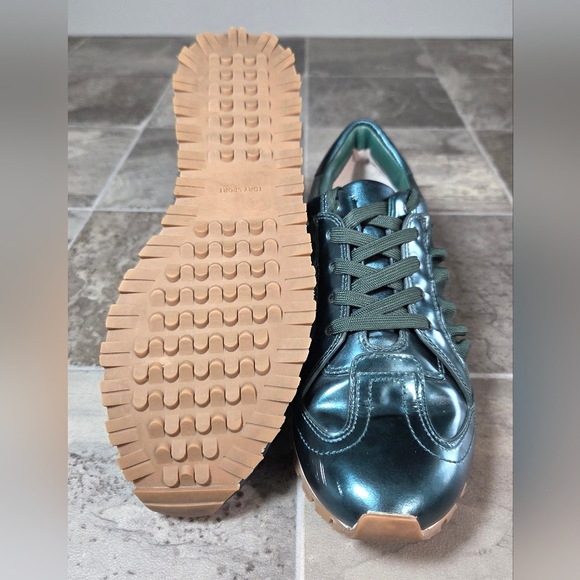 TORY BURCH SPORT RUFFLE GREEN METALLIC LEATHER SNEAKERS. - Picture 6 of 11